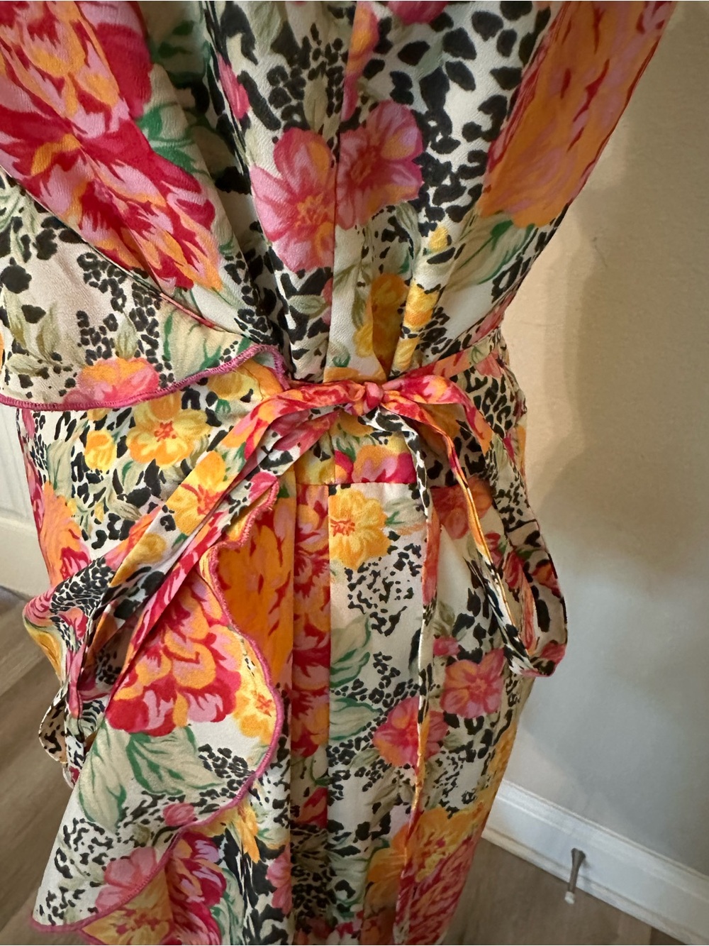 GUESS Floral Wrap Mini Dress in Yellow,  tiger spots, Pink & Cream - Picture 3 of 6